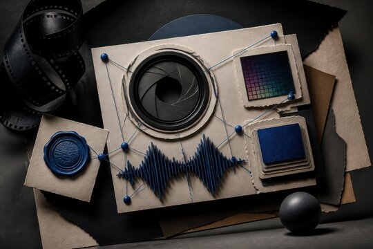 Abstract multimedia production collage with camera lens film strip audio waveform and color samples