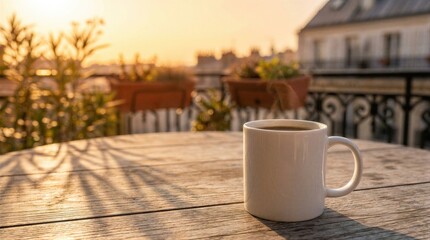 Fototapeta premium White ceramic mug with hot beverage on wooden table on balcony at sunrise. Morning coffee routine in city atmosphere. Rest, relaxation, lifestyle concept for breakfast time or leisure.