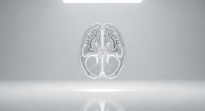 Coronal section brain illustration depicting a luminous medical visualization of the human mind suspended in a minimalist and clean white studio space