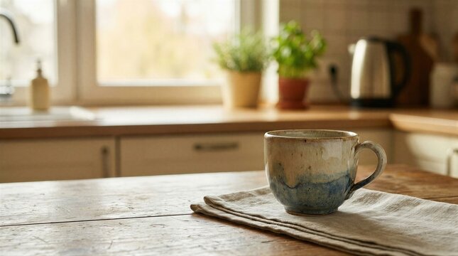 Ceramic mug on wooden table in cozy kitchen. Handmade rustic cup with hot drink for morning breakfast. Home interior atmosphere with natural light. Relaxing beverage time concept.