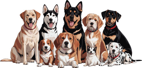 Various dog breeds sitting and posing vector illustration with diverse domestic dogs isolated on white background © Md