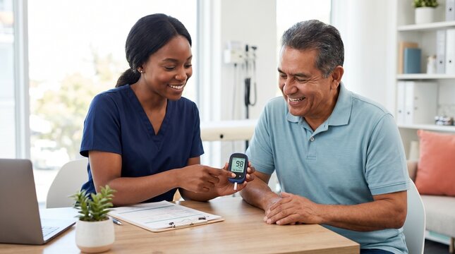 Nurse explains health results to a smiling older man using a digital device during an appointment at a modern medical office.