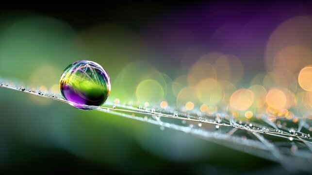Macro shot of a colorful dewdrop refracting light on a spider web with bokeh background
