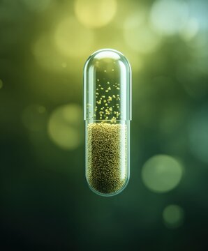 Transparent capsule filled with golden micro-granules against a blurred bokeh background, representing health and supplements