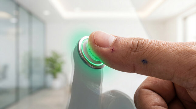 Thumb Pressing &ldquo;VERIFY AGENT‑ACTION&rdquo; Button with Green Glow &ndash; Verification Loop Macro &ndash; Human Validation &ndash; Ethereal High‑Key Light