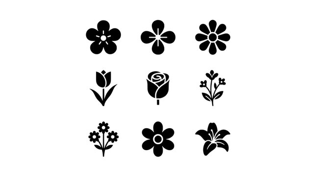 Flower icons set with small blossoms and roses, minimalist black silhouettes for greeting cards and decor designs