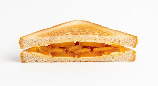 A gourmet toasted sandwich featuring thick orange marmalade with citrus zest, perfectly isolated on a clean white background for design, toasted, studio, tasty
