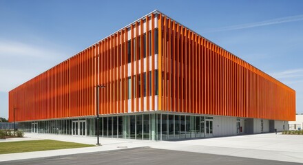 Fototapeta premium A modern architectural structure features bold orange stripes on its facade against a clear blue sky during a bright and sunny afternoon, shadows, detail, aesthetic