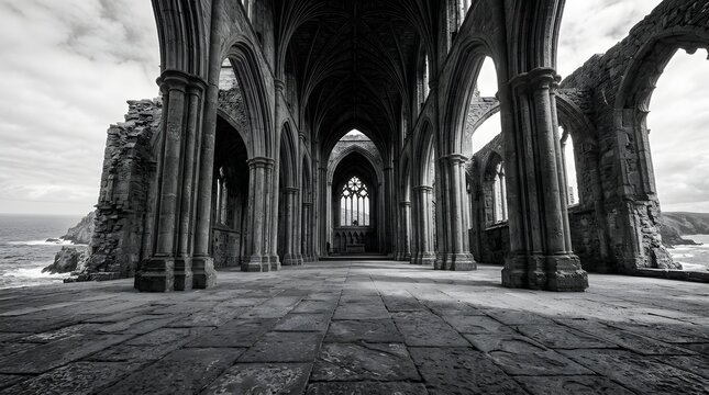 Gothic Archway Structure Coastal View Monochrome Architecture