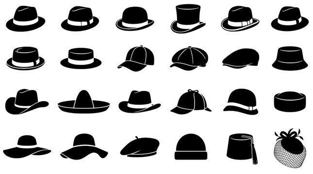 Hats set of black fedora, cap, beanie, and bowlers with classic silhouettes for fashion icons and stickers