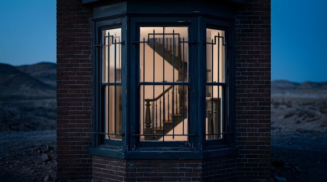 Historic brick building window at sunset with dramatic natural light