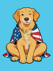 Fototapeta premium A flat cartoon illustration of a smiling golden retriever sitting cross-legged, wrapped in an American flag against a solid blue background.