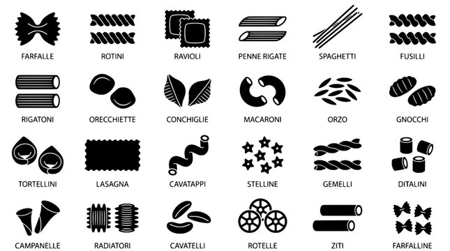 Pasta icons set with assorted Italian shapes, vector-style food symbols for menu design and cooking themes