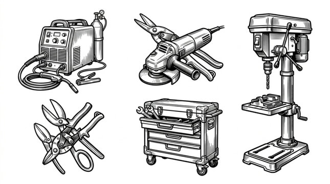 Collection of Industrial Tools and Equipment Illustration.
