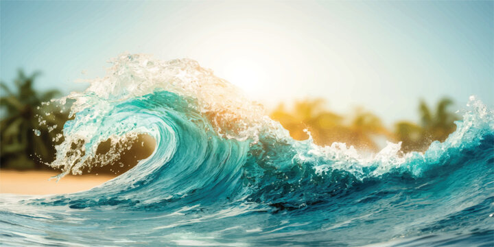 Powerful ocean wave breaking on a tropical beach at sunset with palm trees breaking crashing tropical movement coastline vacation paradise