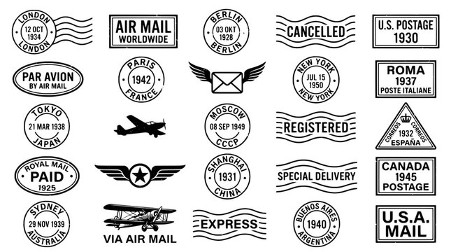 Postage stamps set with air mail wings, passport style seals, cancelled and registered marks on blank background