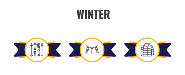 winter outline icon set. thin line ski equiptment, lights, anorak vest icons. editable vector © Farahim