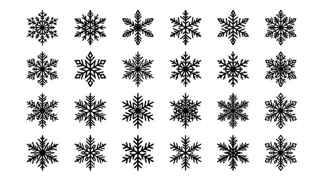 Snowflake winter pattern icons set with crisp black line art and detailed frost geometry on white background
