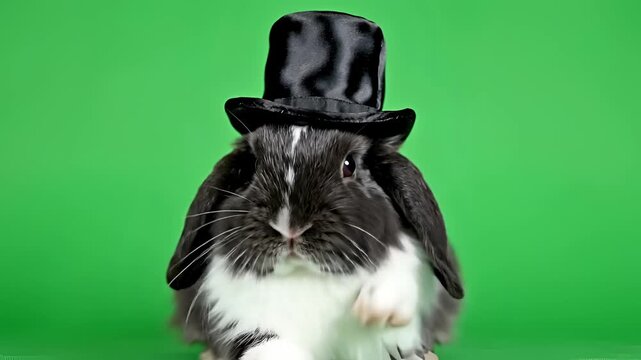 Adorable Bunny Rabbit Wearing a Black Top Hat on a Green Screen Background.