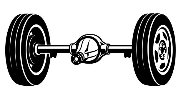 Car rear axle vector illustration with differential housing and rubber tires mechanical suspension system icon
