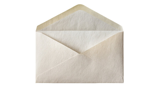 Open beige paper envelope with aged edges, isolated on transparent background