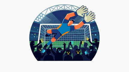 Obraz premium Illustration of a giant goalkeeper defending a goal in a stadium, illuminated crowd, epic digital art, isolated on a white background.