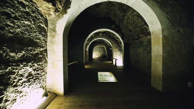 Mysterious subterranean gallery inside Serapeum of Saqqara, Egypt, rough limestone walls, carved arches and dramatic lighting leading to giant granite burial vessel.
