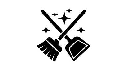 Fototapeta premium Crossed broom and dustpan silhouette vector icon with shiny sparkle stars for professional cleaning service emblem logo