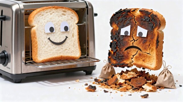 Stainless toaster with happy white bread inside versus angry burnt toast with money bags and crumbs for appliance failure humor