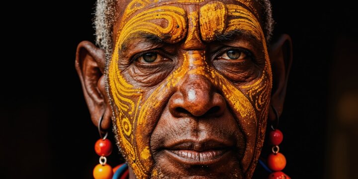 Elderly indigenous man with face paint. He wears beaded earrings. Traditional tribal patterns adorn his skin. He is a representative of Aboriginal Australian culture. His look is striking.