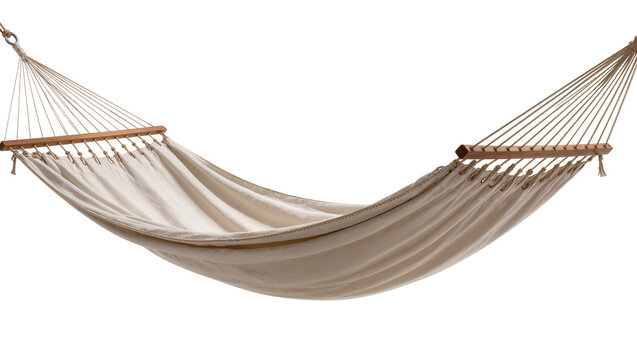 Beige fabric hammock with wooden spreader bars, isolated on transparent background