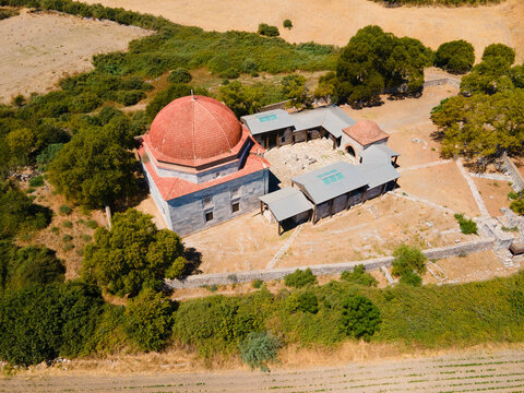 Ilyas Bey Kulliyesi Mosque aerial panoramic view at Miletus