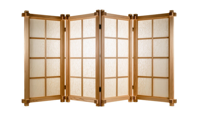 Four-panel wooden shoji screen with translucent paper panels, isolated on transparent background