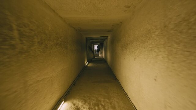 Bare limestone interior burial chamber inside pyramid of Teti at Saqqara necropolis, Egypt, narrow corbelled ceiling passage leading to dark empty sarcophagus room.