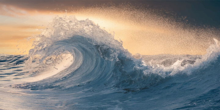 Massive ocean wave crashing with white spray in golden hour light breaking wave crest seascape coastline twilight elemental landscape
