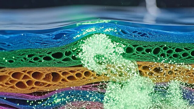 Colorful liquid layers with bubbles rising.