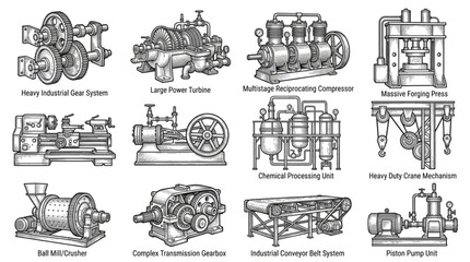 Obraz premium Collection of Industrial Machine Illustrations.