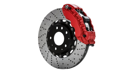 Red performance brake caliper gripping a perforated rotor, isolated on transparent background © Adrian