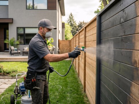 Man painter spraying stain on wooden fence with airless sprayer. Professional worker wearing protective equipment painting garden wall. Home improvement, house maintenance and renovation.