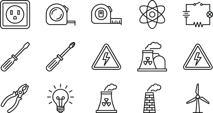Electrical Power and Energy Icon Set featuring Industrial Tools Nuclear Plant and Renewable Wind Turbine Symbols