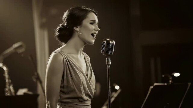 Woman singer performing into vintage microphone on stage at concert. Professional vocalist singing song in dimly lit club environment. Musical live performance.