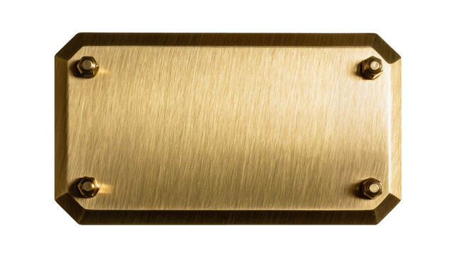 Rectangular brushed brass plaque with beveled edges and four brass bolts, isolated on transparent background