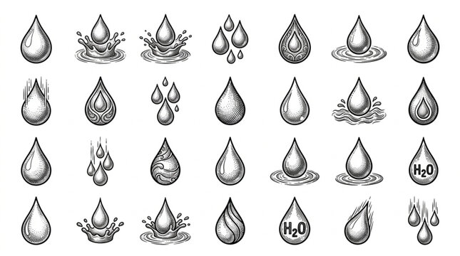 Collection of hand-drawn water drops and splashes in sketch style.