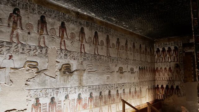 Close-up of ancient Egyptian relief carving inside KV17 tomb of Seti I, Valley of the Kings, Luxor, Egypt, showing a deity figure with black hair and deteriorating pigment.