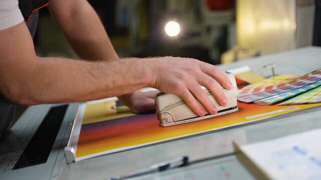 Graphic designer checking color proof at print factory