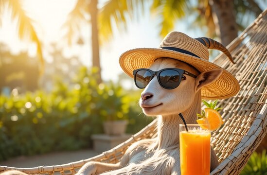 Cool goat with sunglasses and hat enjoying orange juice on beach vacation