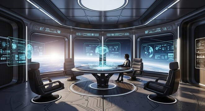 Futuristic Command Center Interior with Holographic Displays.