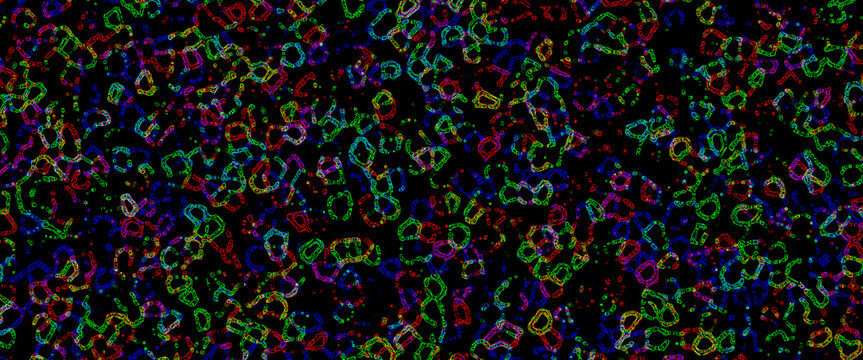 Abstract microscopic cell structure with colorful neon glowing outlines on black background. Futuristic biology, microbiology, medical and scientific texture ideal for technology, healthcare, and labo