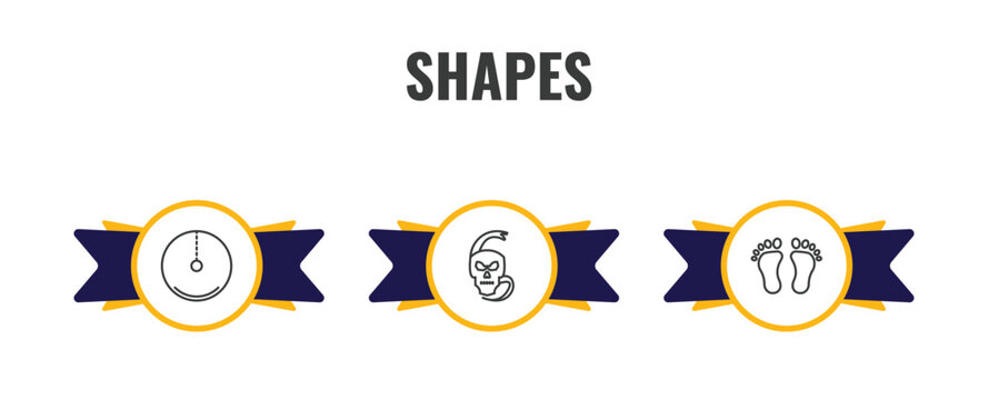 shapes outline icon set. thin line radius of circle, skull and snake, human foot prints icons. editable vector
