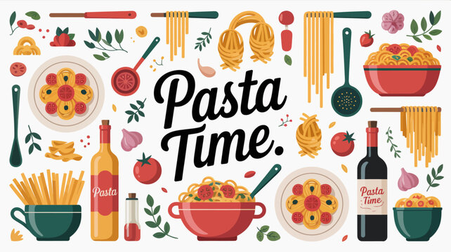 pasta time illustration with spaghetti tomatoes and cooking utensils on a white background